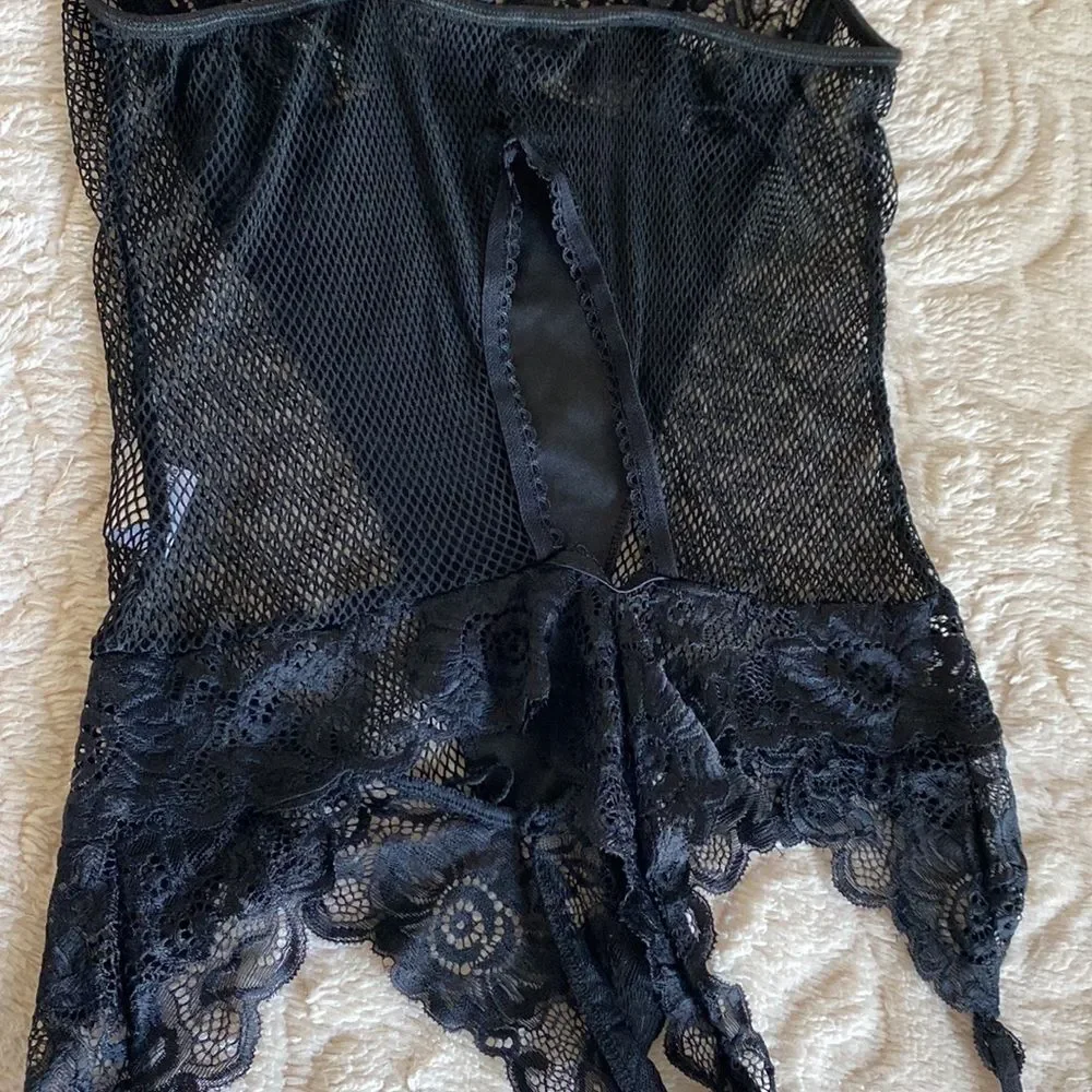 Teddy Black with floral Lace and Mesh. Hosiery Straps for a Sexy Fun Look